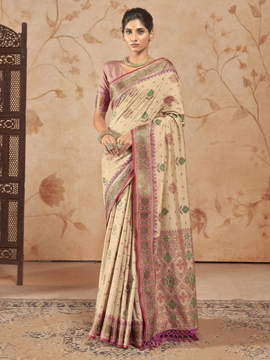 Wonderful Beige Zari Weaving Patola Silk Event Wear Saree With Blouse